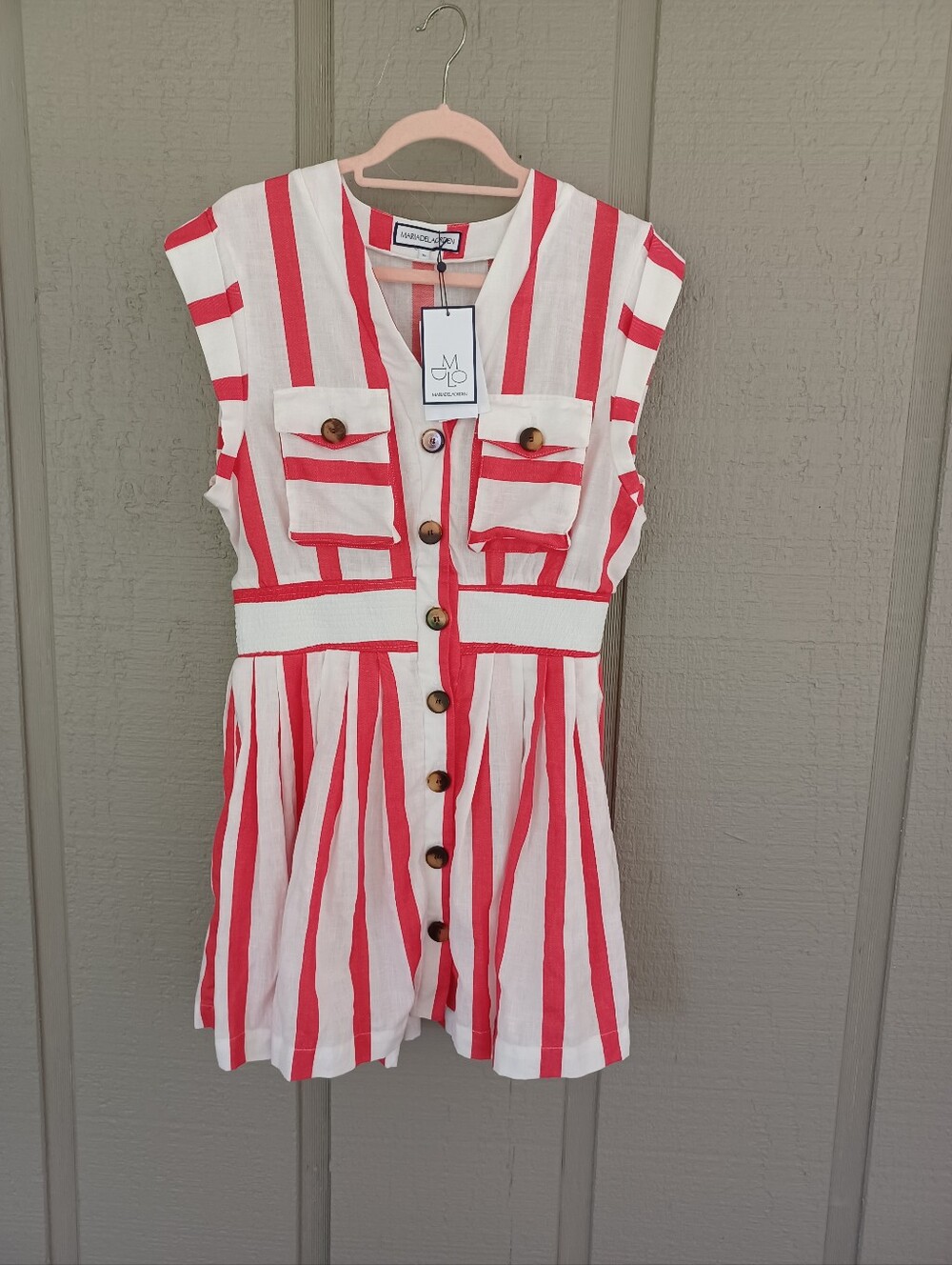 Maria de La Orden Delila Utility Mini Dress Size 36 US 4 Linen Cotton Red Stripe